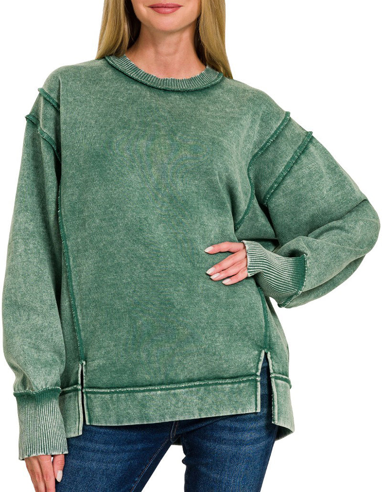 ZENANA Acid Wash Exposed-Seam Fleece Sweatshirt
