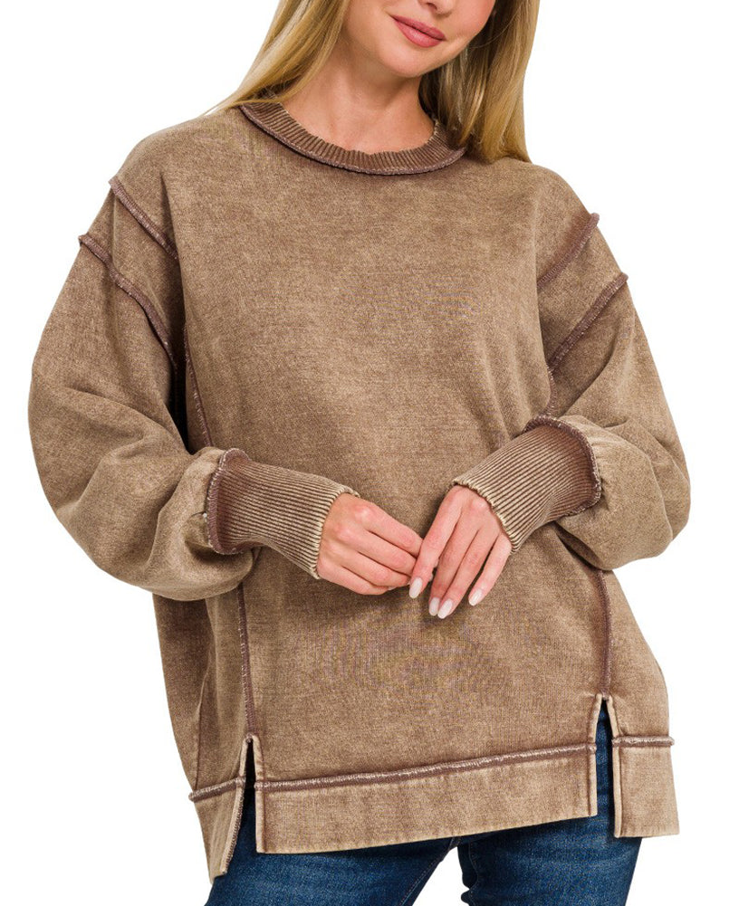 ZENANA Acid Wash Exposed-Seam Fleece Sweatshirt