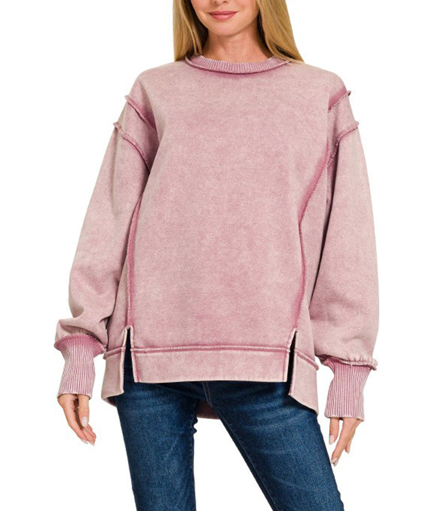 ZENANA Acid Wash Exposed-Seam Fleece Sweatshirt
